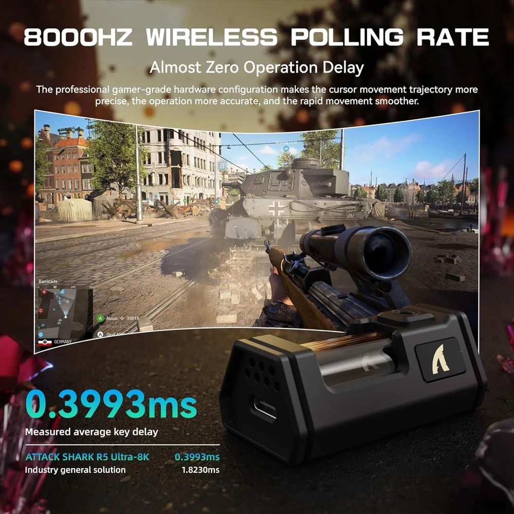 ATTACK SHARK belaidė žaidimų pelė, 42000 DPI, 8KHz, 39g, USB-C/Bluetooth, raudona
