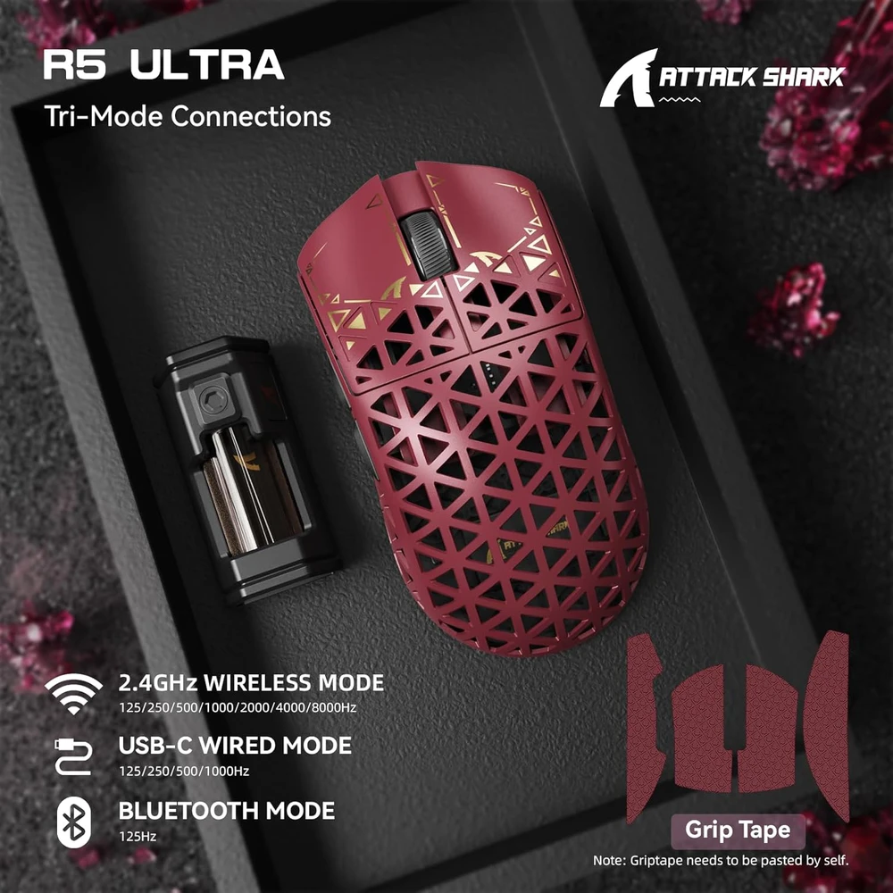 ATTACK SHARK belaidė žaidimų pelė, 42000 DPI, 8KHz, 39g, USB-C/Bluetooth, raudona
