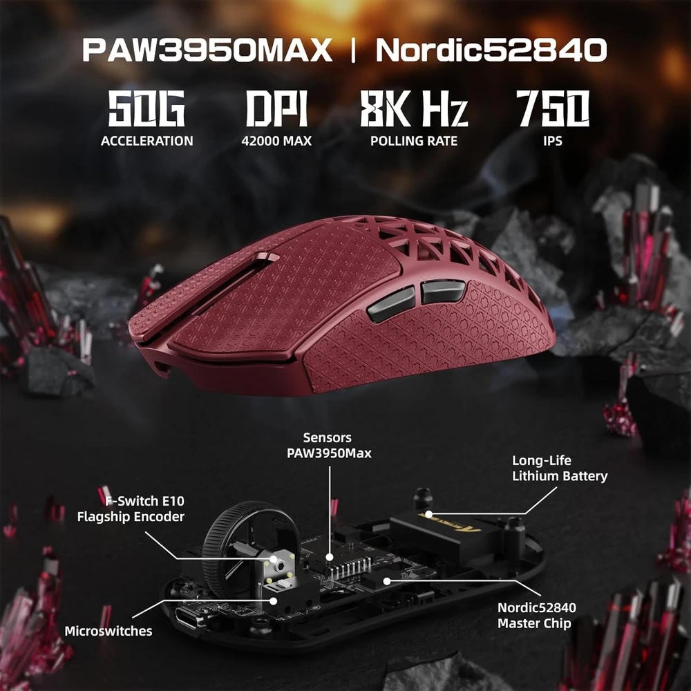 ATTACK SHARK belaidė žaidimų pelė, 42000 DPI, 8KHz, 39g, USB-C/Bluetooth, raudona