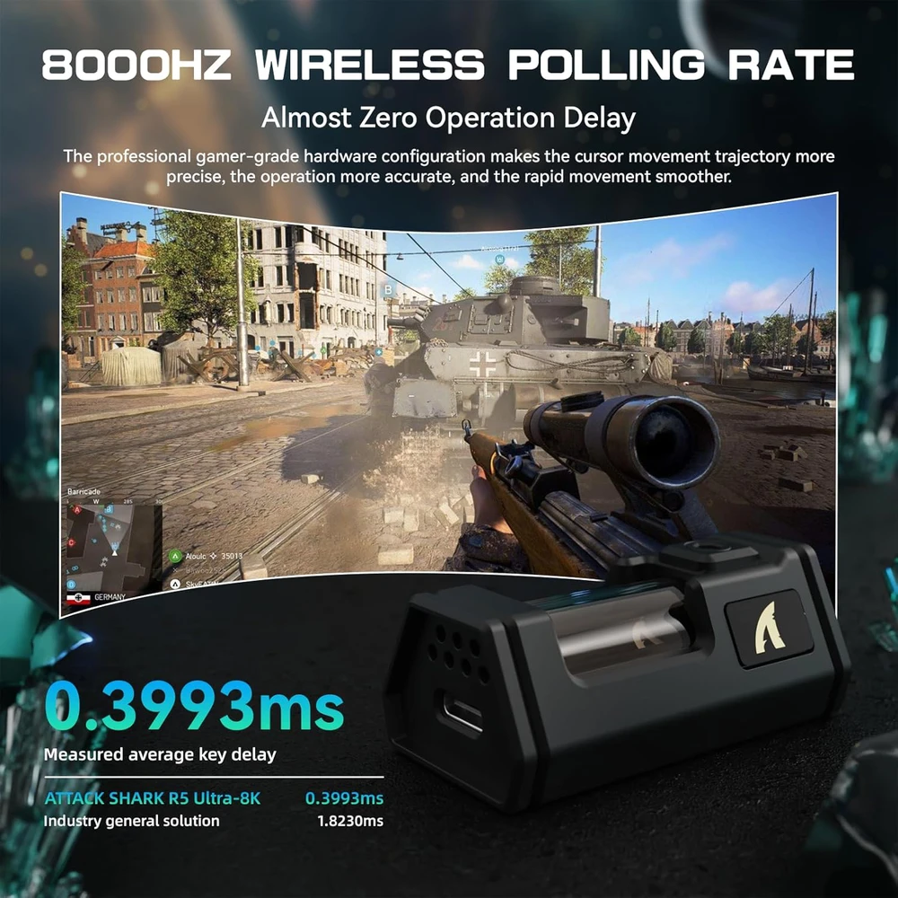 ATTACK SHARK belaidė žaidimų pelė 42000DPI, 8KHz, ultralengva 39g, R5 Ultra