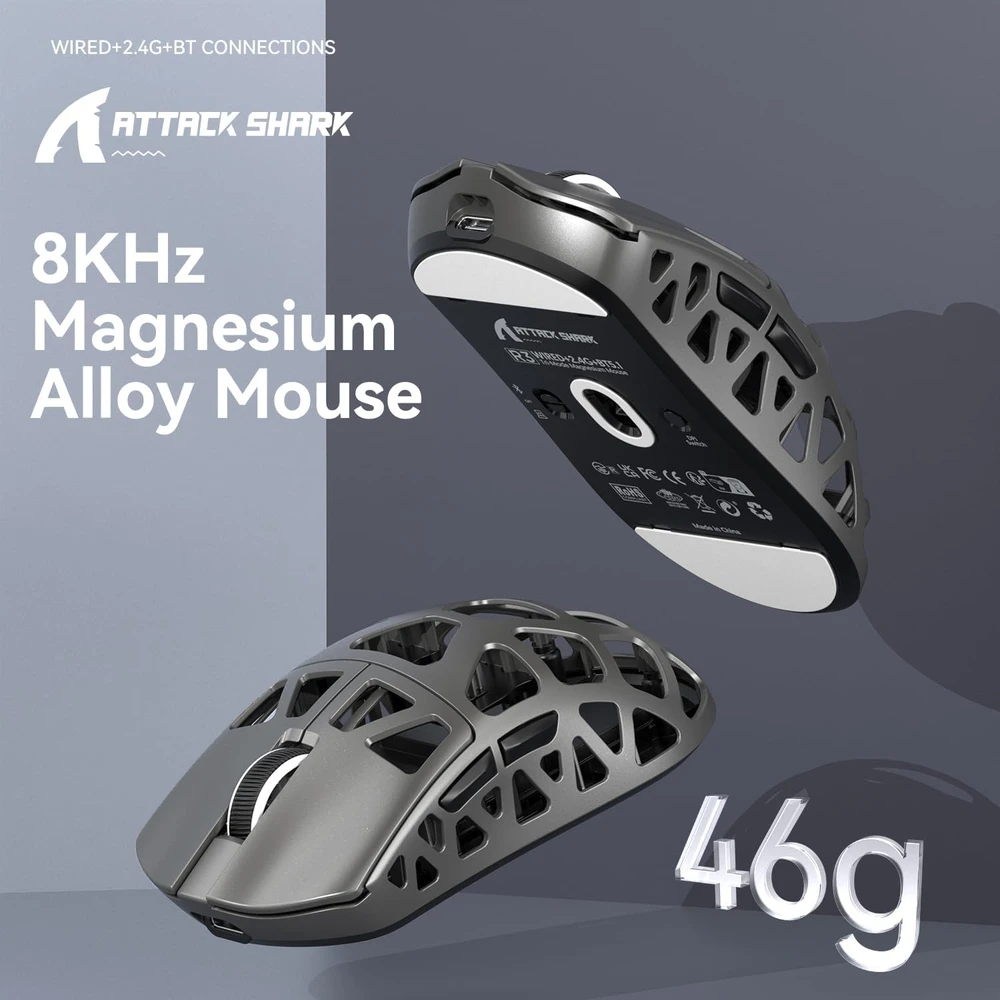 Attack Shark belaidė žaidimų pelė, 46 g, 8000 Hz, PixArt PAW3395, 26000 DPI, pilka, R3