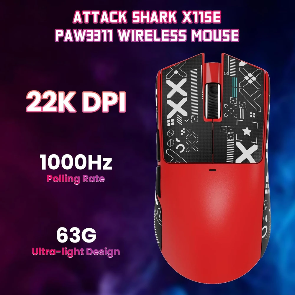 ATTACK SHARK belaidė žaidimų pelė, 63 g, 22000 DPI, BT/2,4 GHz/su laidu, X11SE