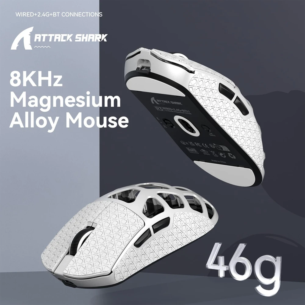 ATTACK SHARK belaidė žaidimų pelė 8000 Hz, 46 g, PixArt PAW3395, DPI iki 26000, R3
