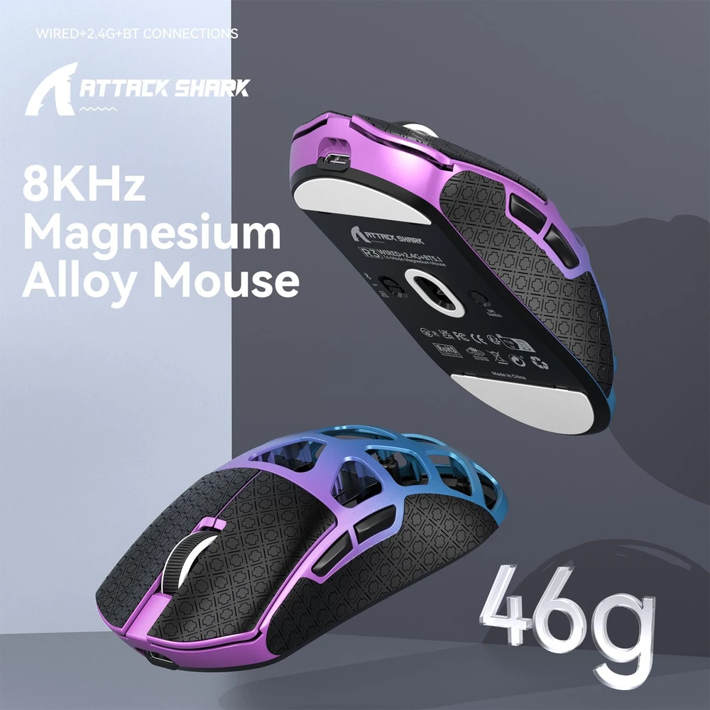 ATTACK SHARK belaidė žaidimų pelė 8000 Hz, optinė, 26000 DPI, magnezio lydinio korpusas, R3 Magnesium Alloy