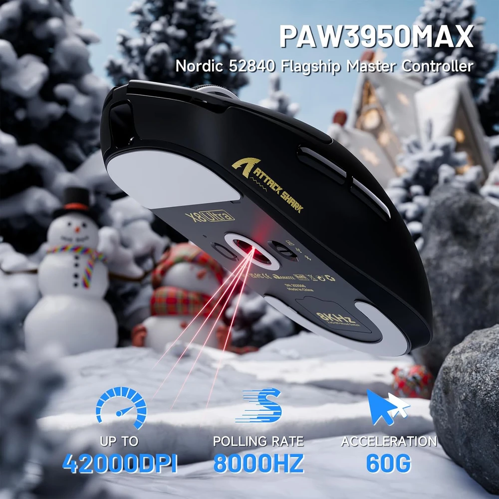 ATTACK SHARK belaidė žaidimų pelė, 8KHz, 55g, optinė, 42000 DPI, Bluetooth, X8 Ultra