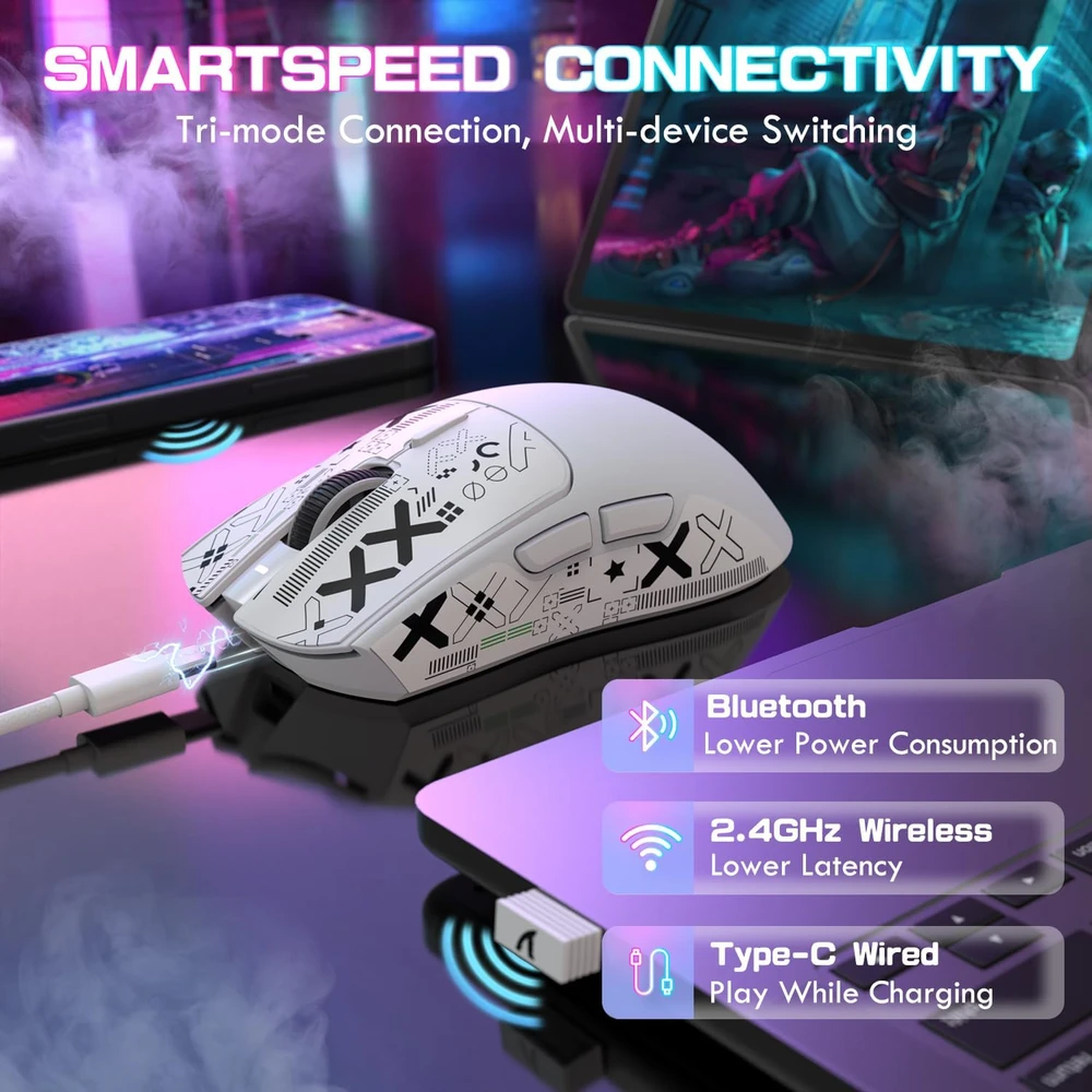ATTACK SHARK belaidė žaidimų pelė, optinė, 26 000 DPI, 2.4 GHz, Bluetooth, X1