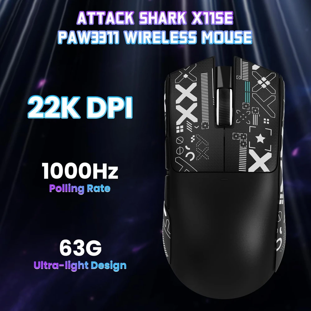 ATTACK SHARK belaidė žaidimų pelė, optinė, 22000 DPI, 63 g, trijų režimų X11SE