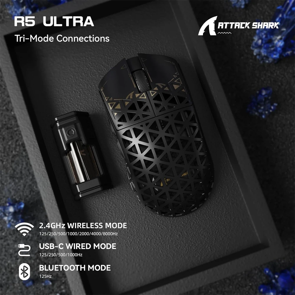 ATTACK SHARK belaidė žaidimų pelė R5 Ultra, 42 000 DPI, PAW3950MAX jutiklis, 8K bevielis, USB-C, Bluetooth, juoda