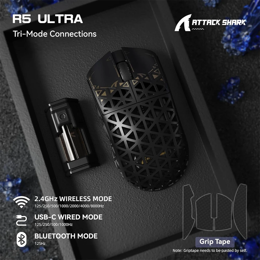 Attack Shark belaidė žaidimų pelė R5 Ultra, 42000 DPI, 8 kHz, optinis jutiklis PAW3950MAX