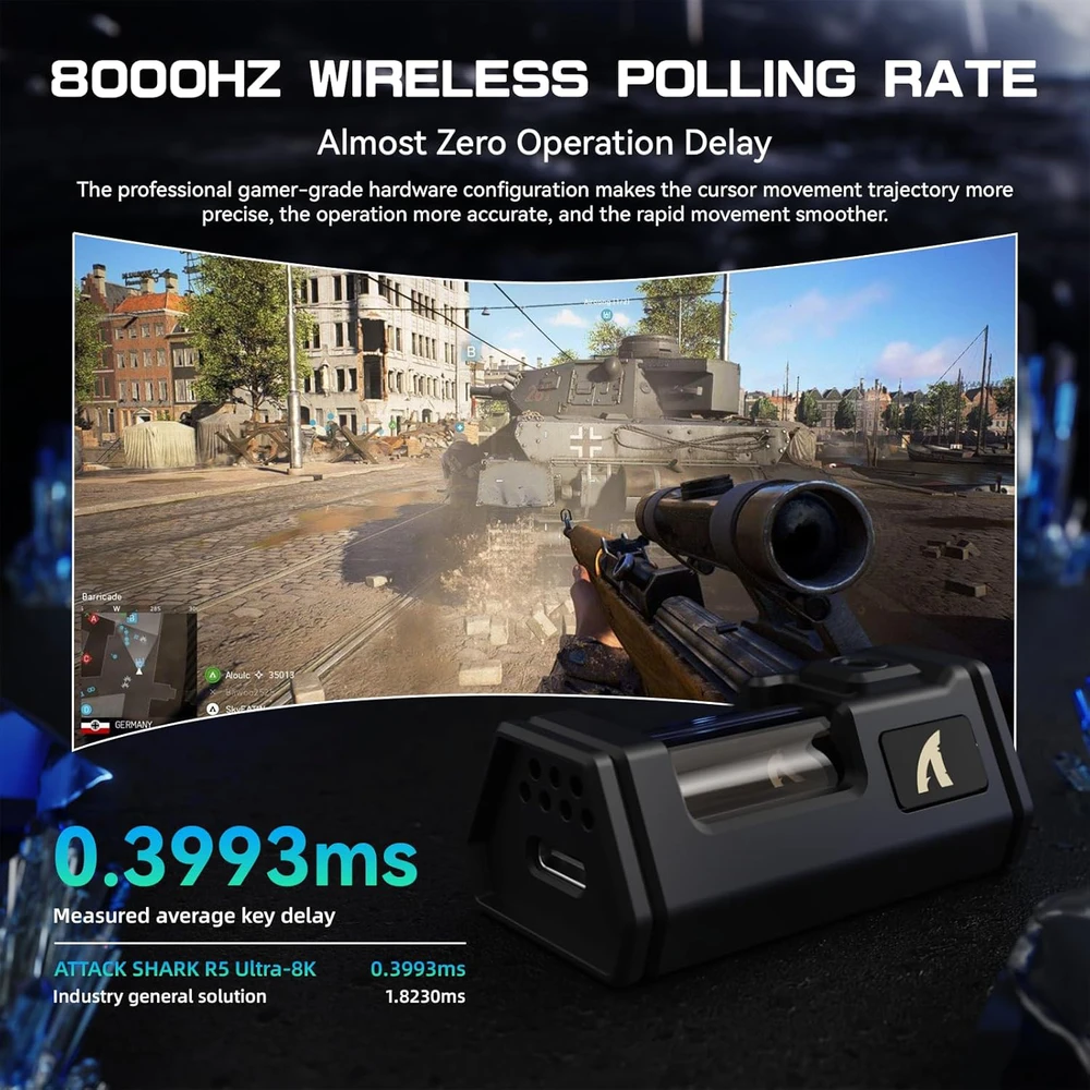 Attack Shark belaidė žaidimų pelė R5 Ultra, 42000 DPI, 8 kHz, optinis jutiklis PAW3950MAX