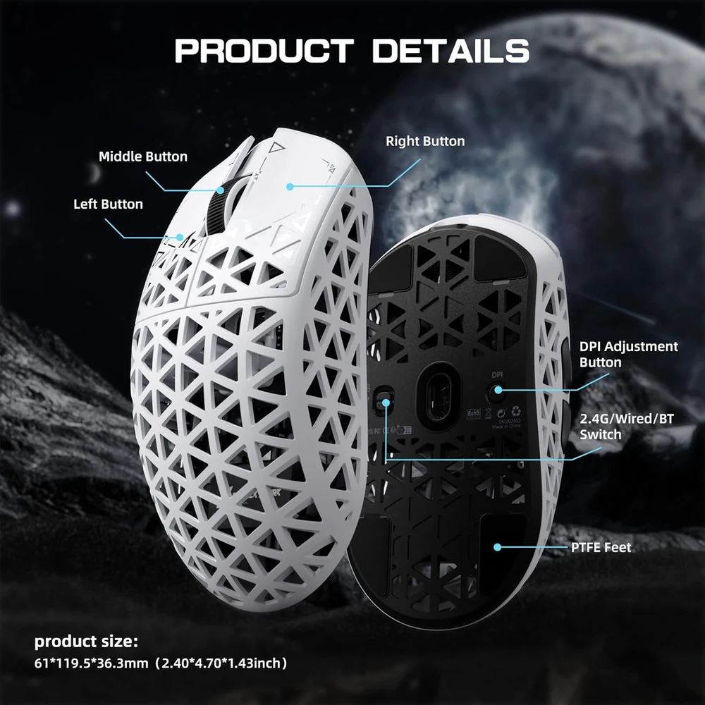 ATTACK SHARK belaidė žaidimų pelė R5 Ultra, 2.4 GHz, Bluetooth, USB-C, 42000 DPI, balta