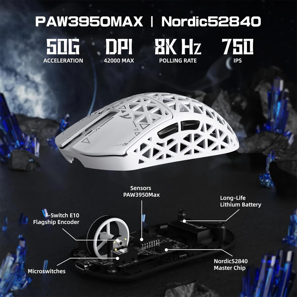 ATTACK SHARK belaidė žaidimų pelė R5 Ultra, 2.4 GHz, Bluetooth, USB-C, 42000 DPI, balta