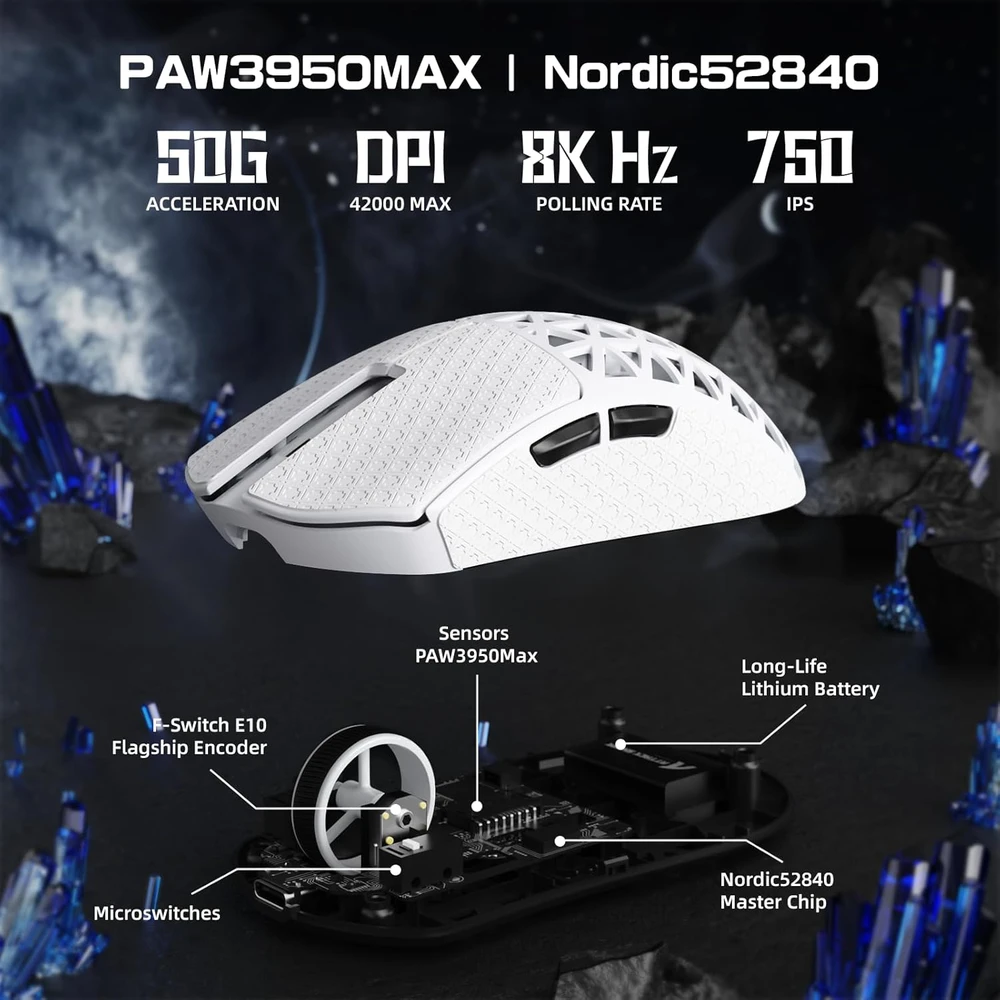 ATTACK SHARK belaidė žaidimų pelė R5 Ultra, 42000 DPI, trijų režimų, balta