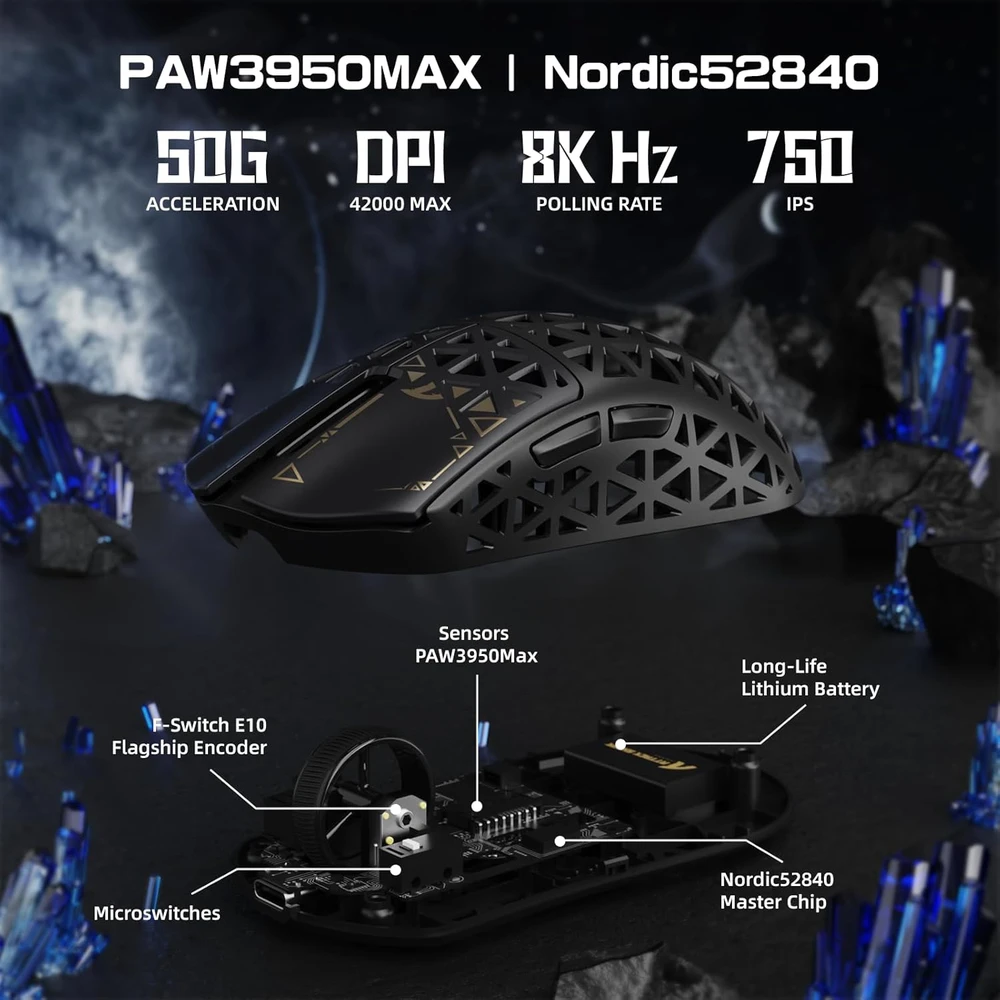 ATTACK SHARK belaidė žaidimų pelė R5 Ultra, 42 000 DPI, PAW3950MAX jutiklis, 8K bevielis, USB-C, Bluetooth, juoda