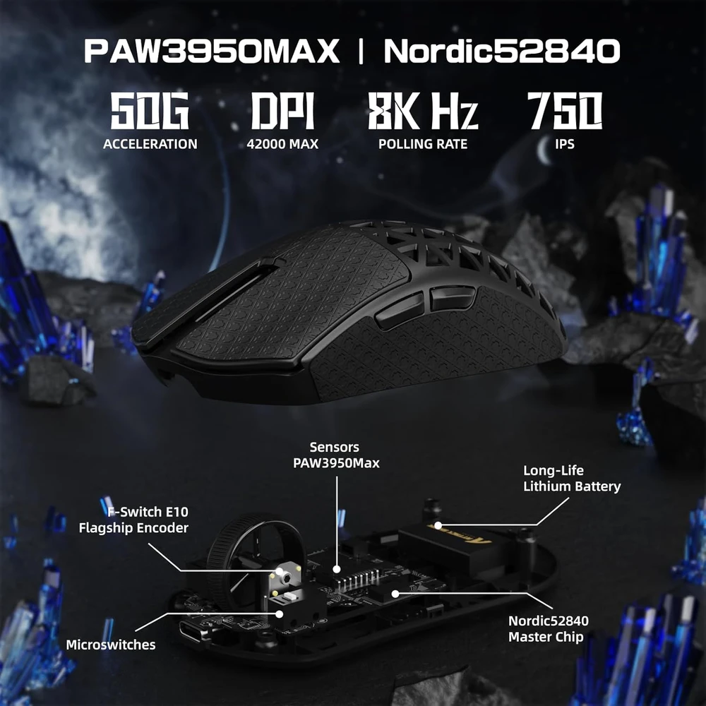 Attack Shark belaidė žaidimų pelė R5 Ultra, 42000 DPI, 8 kHz, optinis jutiklis PAW3950MAX