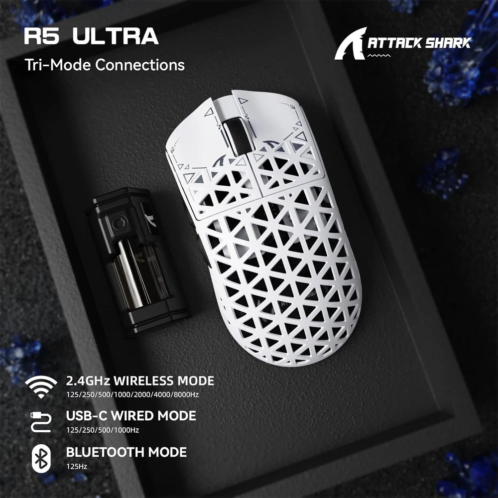 ATTACK SHARK belaidė žaidimų pelė R5 Ultra, 2.4 GHz, Bluetooth, USB-C, 42000 DPI, balta
