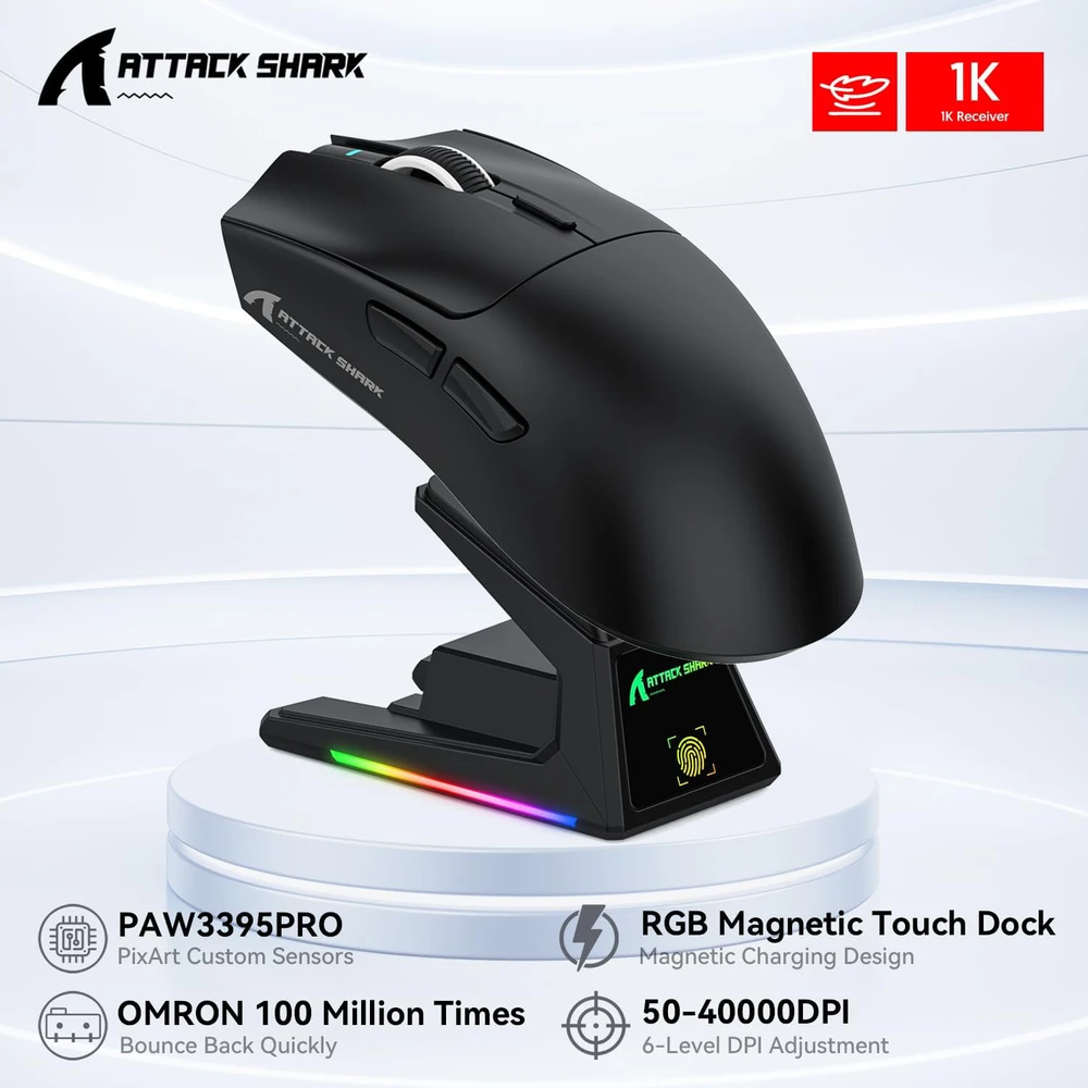 ATTACK SHARK belaidė žaidimų pelė su jutikliniu RGB įkrovimo stovu, 40000 DPI, 53g, PAW3395PRO sensorius