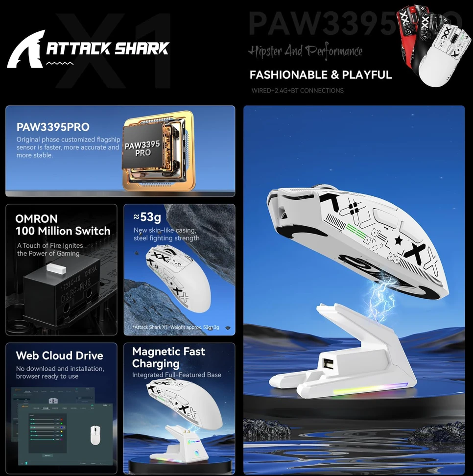 ATTACK SHARK X3 Wireless Belaidė Žaidimų Pelė | Juodas