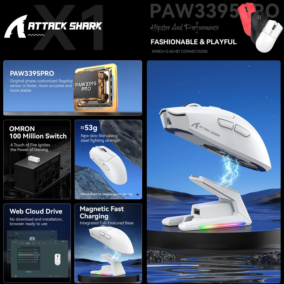 ATTACK SHARK belaidė žaidimų pelė su lietimui jautria RGB stotele, 40000 DPI, 53g, BT/2.4G/USB-C, PAW3395PRO, raudona
