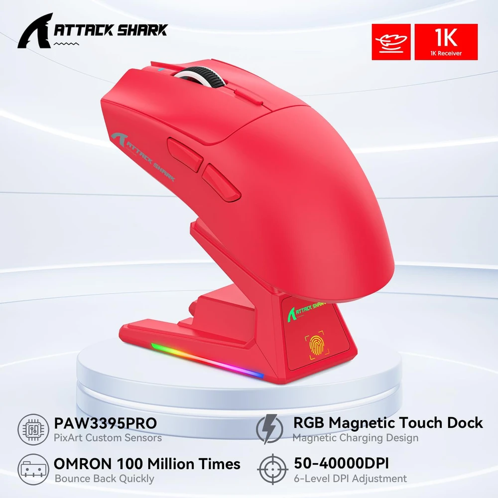 ATTACK SHARK belaidė žaidimų pelė su lietimui jautria RGB stotele, 40000 DPI, 53g, BT/2.4G/USB-C, PAW3395PRO, raudona