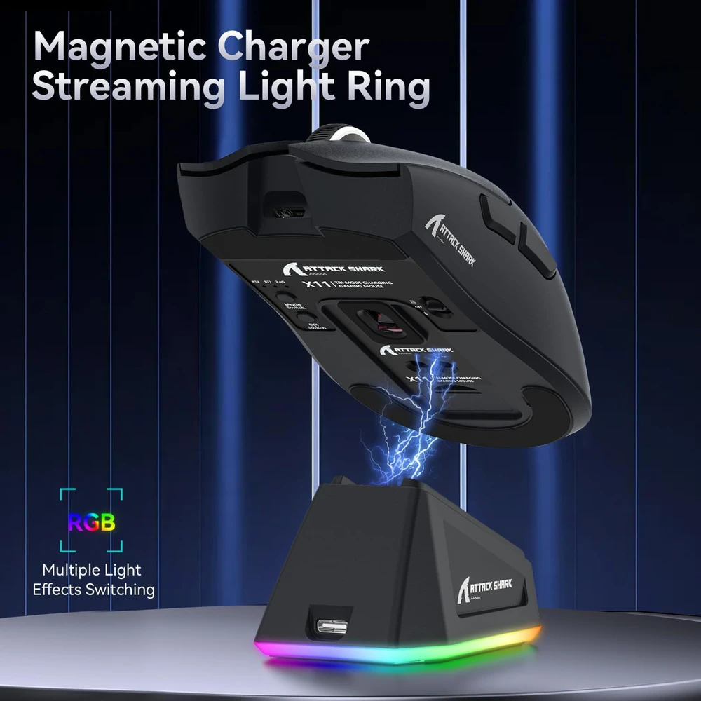 Attack Shark belaidė žaidimų pelė su magnetine įkrovimo stotele, optinis sensorius 22000 DPI, Bluetooth/2,4G, USB-C, X11 juoda
