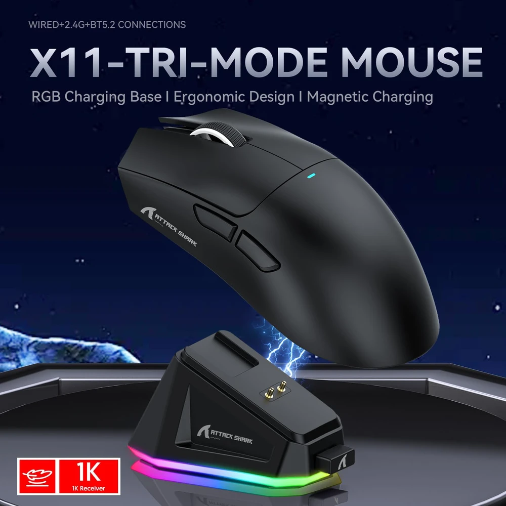Attack Shark belaidė žaidimų pelė su magnetine įkrovimo stotele, optinis sensorius 22000 DPI, Bluetooth/2,4G, USB-C, X11 juoda