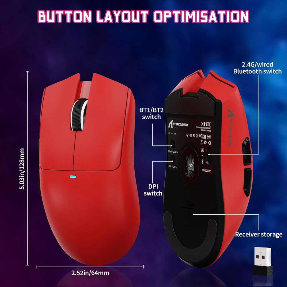 Attack Shark belaide žaidimų pelė su PixArt PAW3311, 22000 DPI, 63 g, BT 2.4 GHz USB-C, X11SE