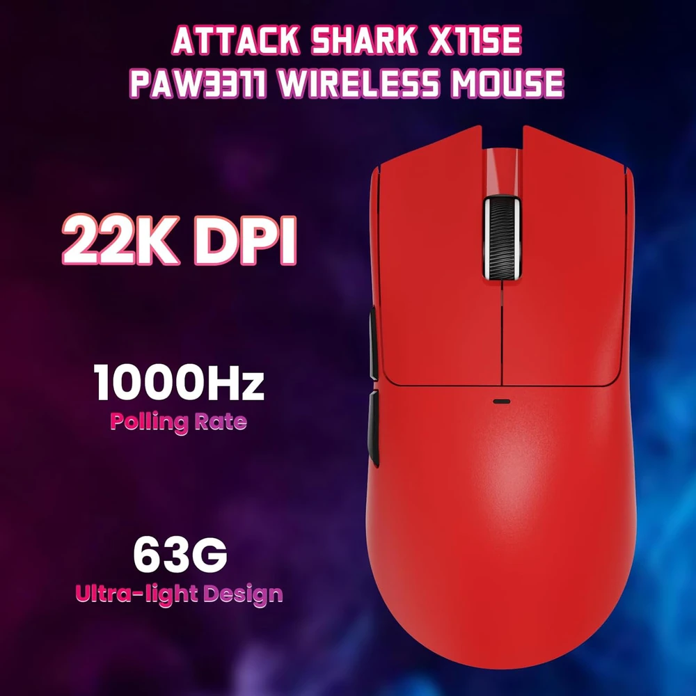 Attack Shark belaide žaidimų pelė su PixArt PAW3311, 22000 DPI, 63 g, BT 2.4 GHz USB-C, X11SE