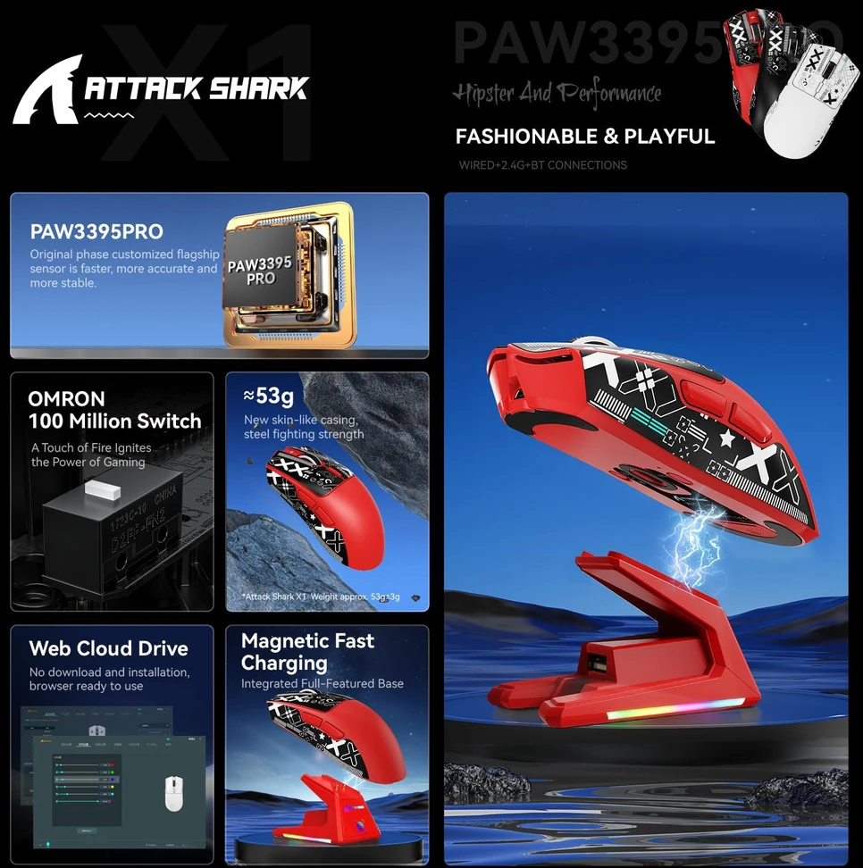 ATTACK SHARK belaidė žaidimų pelė su touchpad krovimo stotimi, 40000 DPI, 53g, PAW3395PRO, raudona