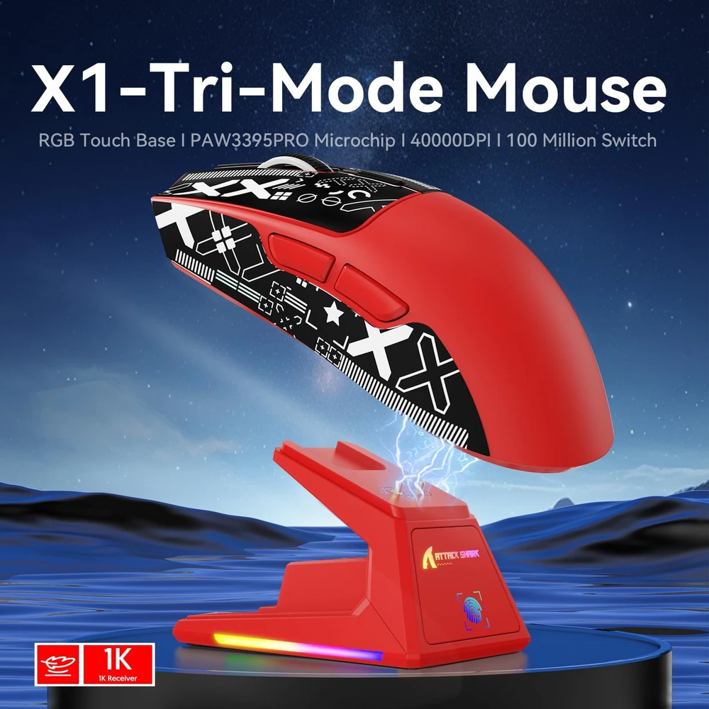 ATTACK SHARK belaidė žaidimų pelė su touchpad krovimo stotimi, 40000 DPI, 53g, PAW3395PRO, raudona