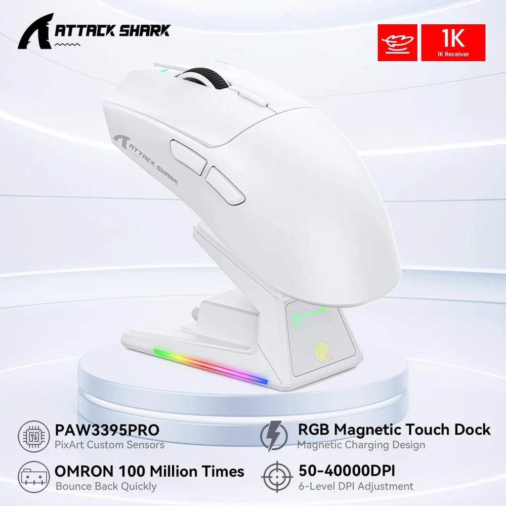 ATTACK SHARK belaidė žaidimų pelė su touchpad krovimo stotele, 40000 DPI, 53g, PixArt PAW3395PRO, balta