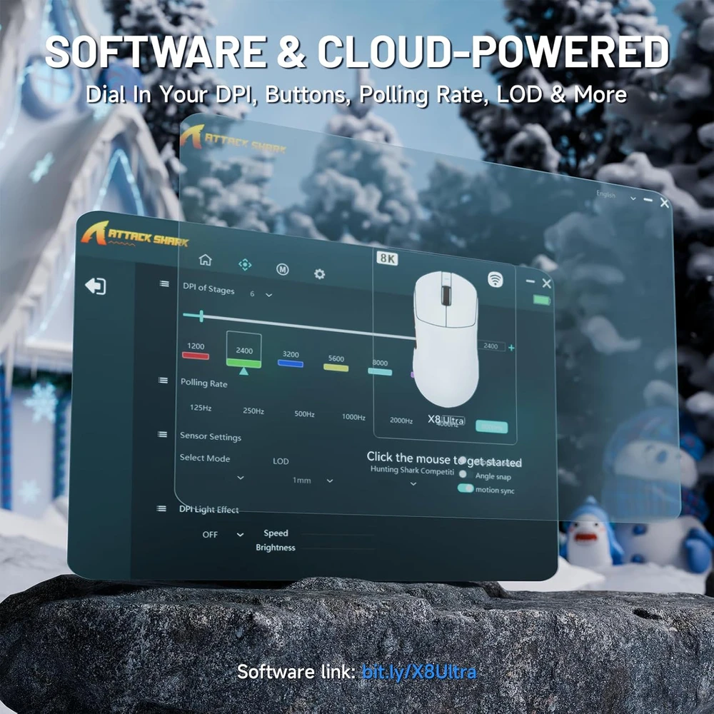 ATTACK SHARK belaidė žaidimų pelė X8 Ultra, 8KHz, 42K DPI, 55 g, balta