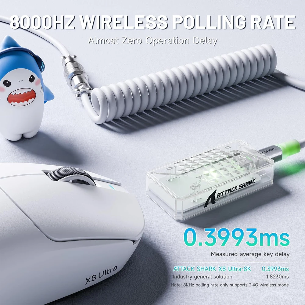 ATTACK SHARK belaidė žaidimų pelė X8 Ultra, 8KHz, 42K DPI, 55 g, balta