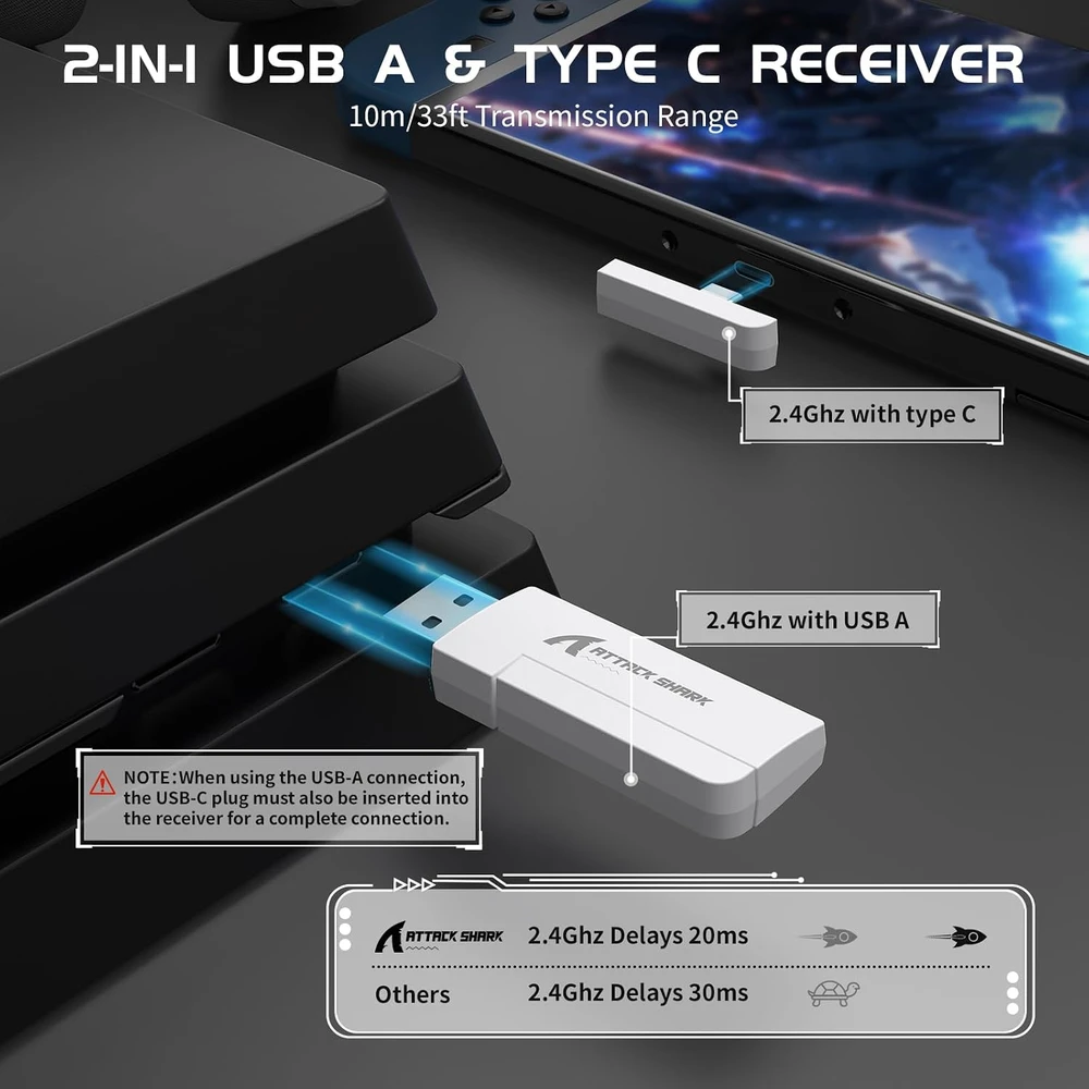 ATTACK SHARK belaidės žaidimų ausinės Bluetooth 5.3, 2,4 GHz, 40 mm, L80