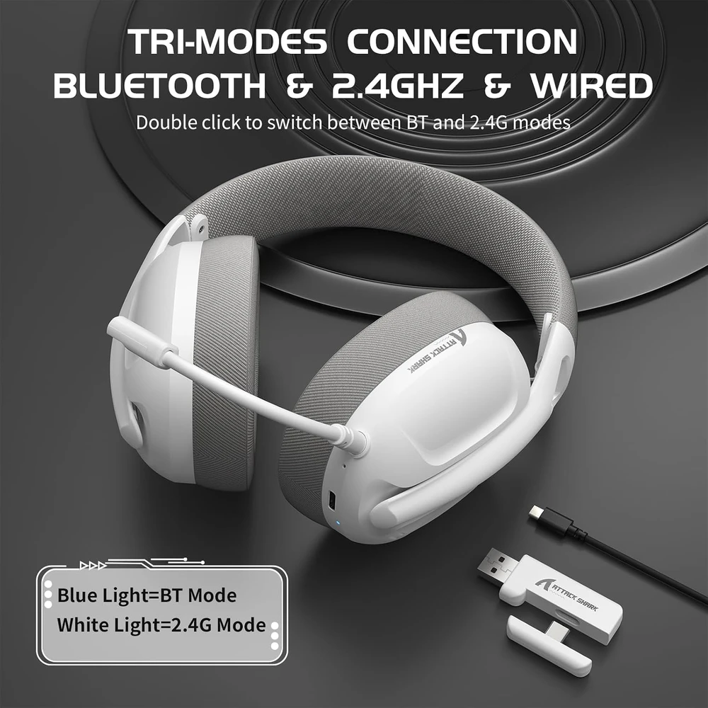 ATTACK SHARK belaidės žaidimų ausinės Bluetooth 5.3, 2,4 GHz, 40 mm, L80