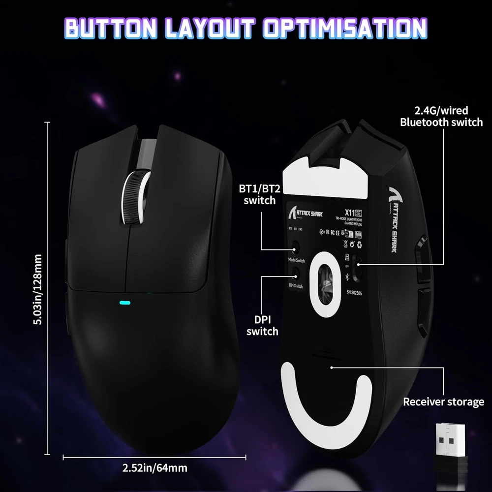 ATTACK SHARK bevielė žaidimų pelė 22000 DPI, optinė, 63g, BT/2.4GHz/USB-C, X11SE