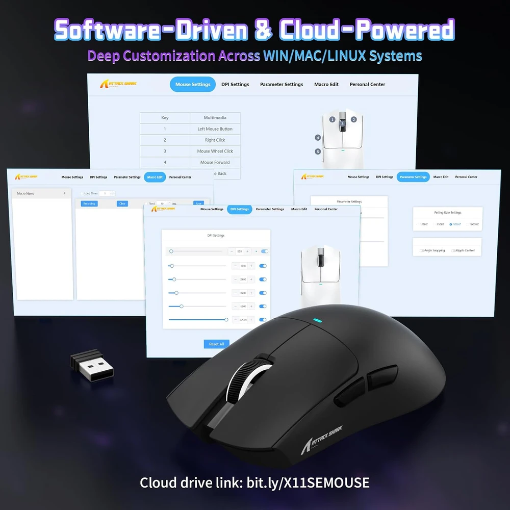 ATTACK SHARK bevielė žaidimų pelė 22000 DPI, optinė, 63g, BT/2.4GHz/USB-C, X11SE