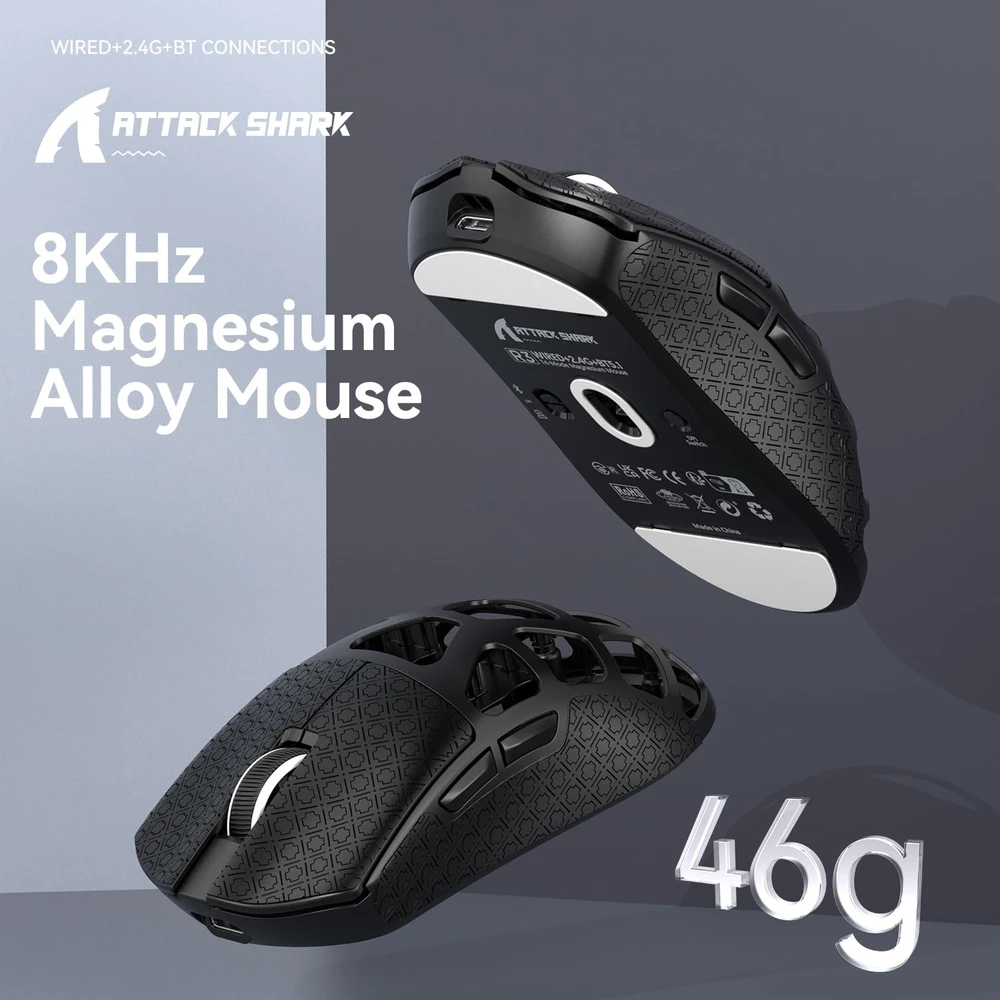 ATTACK SHARK bevielė žaidimų pelė, 46 g, 8000 Hz, PixArt PAW3395, 26000 DPI, USB-C/2.4G/Bluetooth, R3