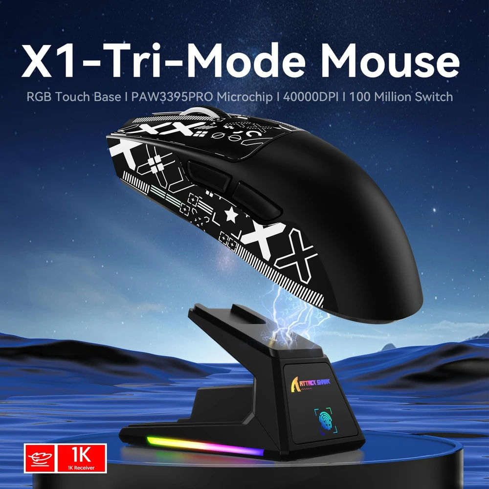 ATTACK SHARK bevielė žaidimų pelė X1, jutiklinė įkrovimo stotelė, 40000 DPI, 53g, BT/2.4G/USB-C