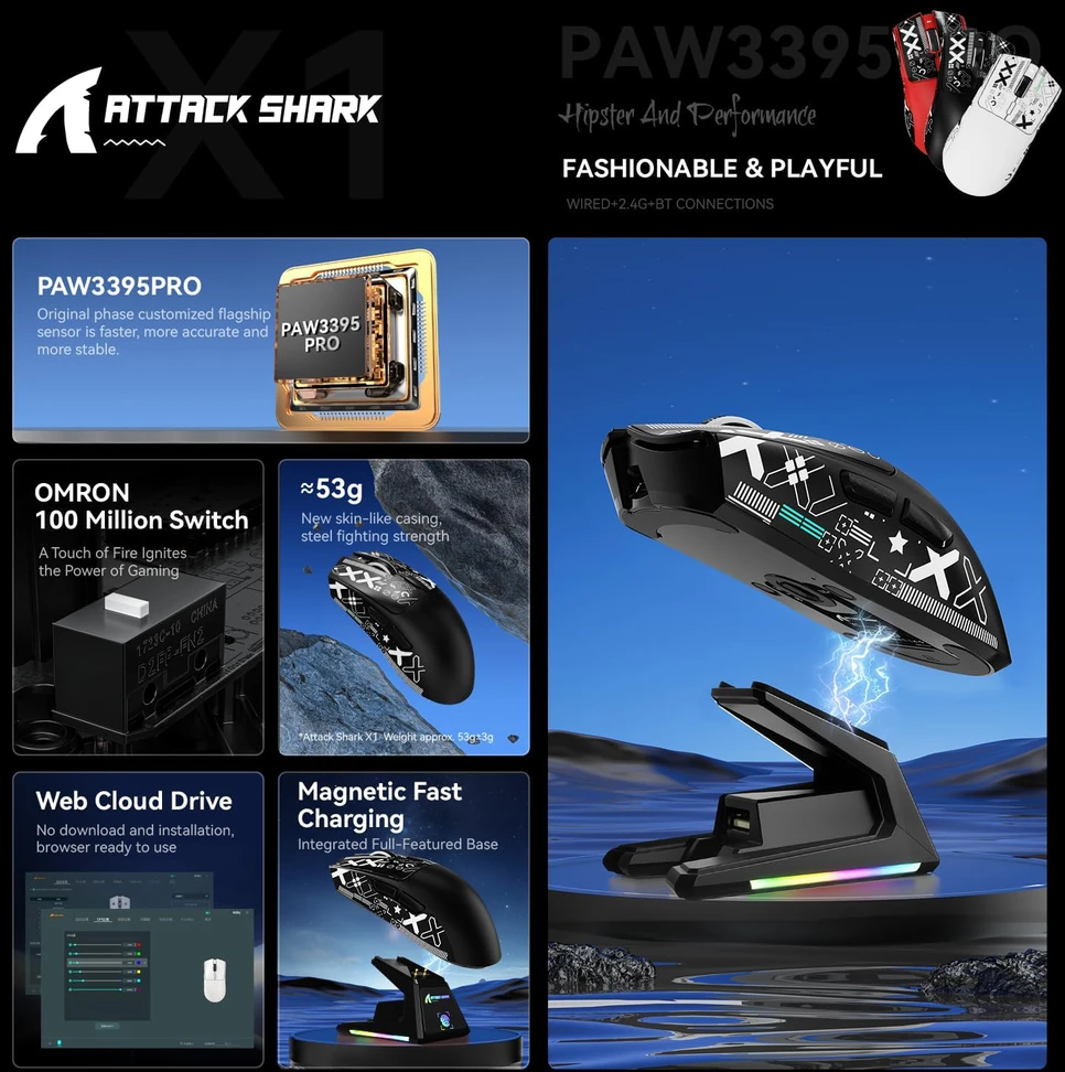 ATTACK SHARK bevielė žaidimų pelė X1, jutiklinė įkrovimo stotelė, 40000 DPI, 53g, BT/2.4G/USB-C