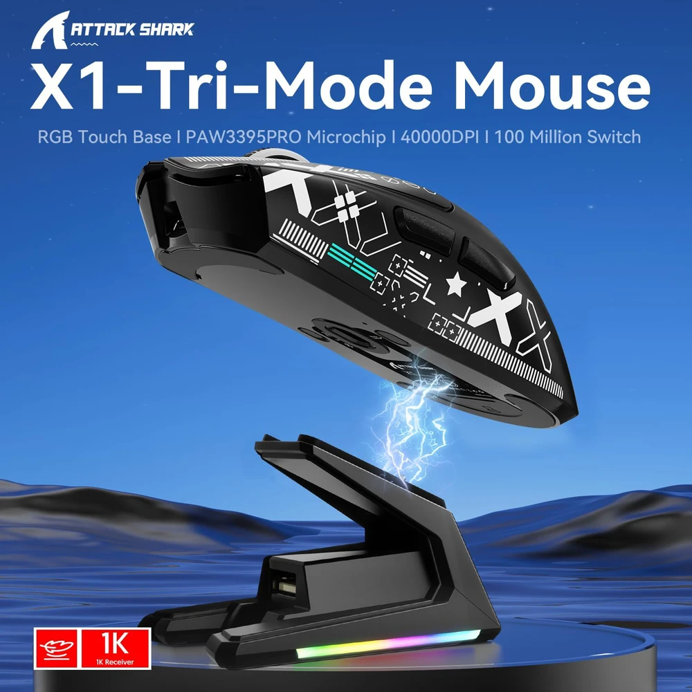 ATTACK SHARK bevielė žaidimų pelė X1, jutiklinė įkrovimo stotelė, 40000 DPI, 53g, BT/2.4G/USB-C
