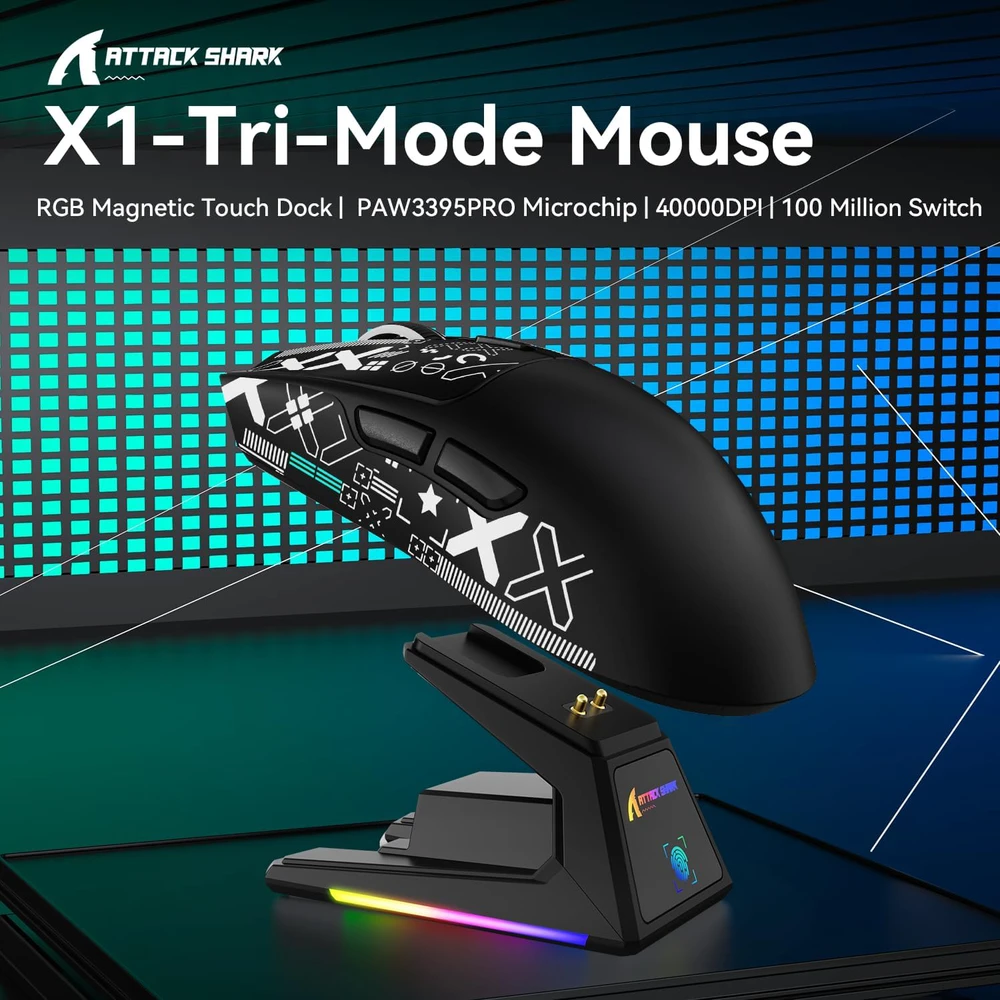 ATTACK SHARK bevielė žaidimų pelė X1, jutiklinė įkrovimo stotelė, 40000 DPI, 53g, BT/2.4G/USB-C