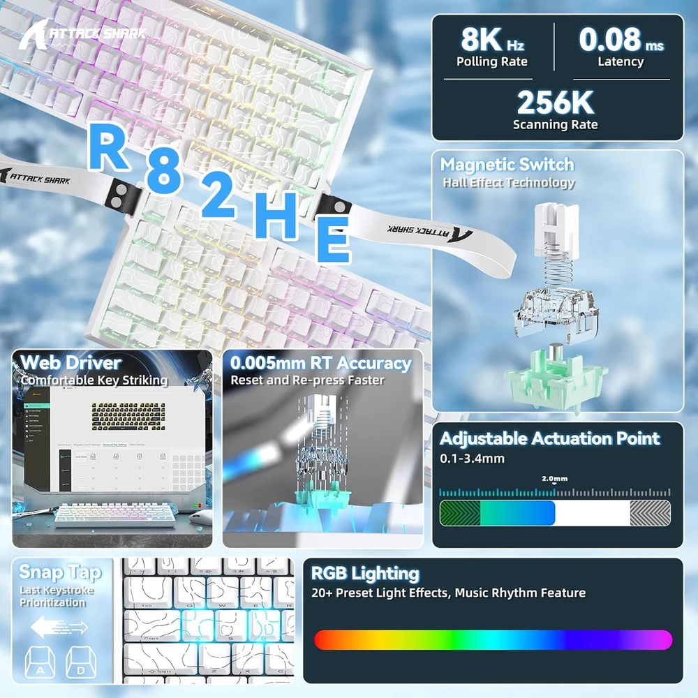 ATTACK SHARK laidinė žaidimų klaviatūra R82 HE, 75 %, magnetiniai jungikliai, 8000 Hz, RGB