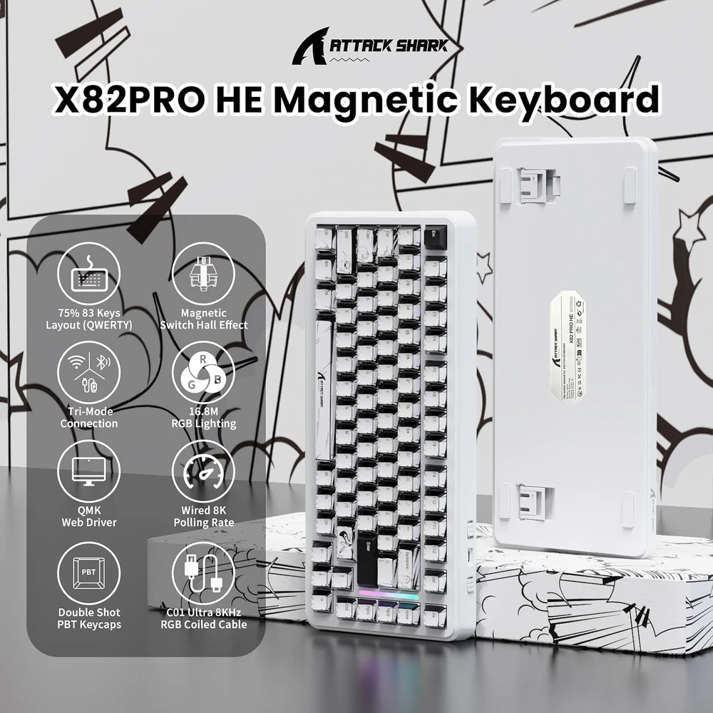 ATTACK SHARK magnetinė žaidimų klaviatūra X82-301, 83 klavišai, 8000 Hz