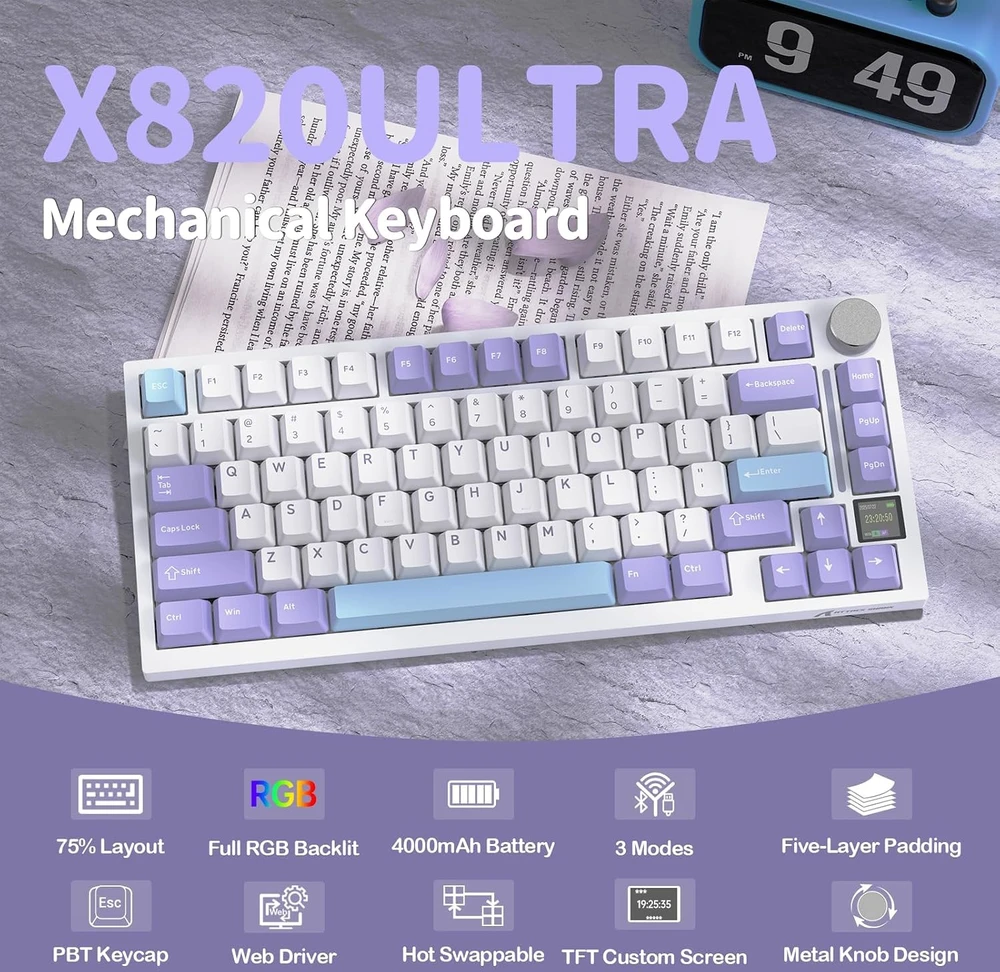 ATTACK SHARK mechaninė belaidė klaviatūra X820Ultra, 75 %, RGB, Bluetooth, 2,4 GHz, USB-C