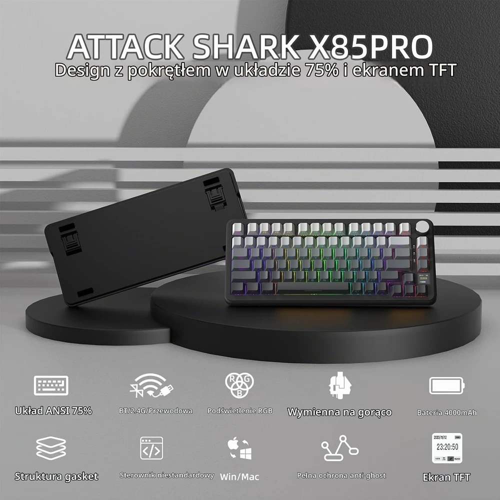 ATTACK SHARK mechaninė belaidė klaviatūra 75 % su TFT ekranu, RGB ir QMK X85PRO
