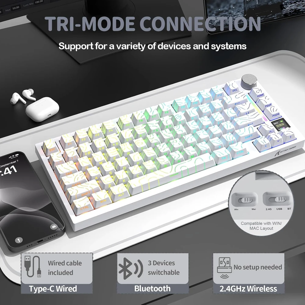 ATTACK SHARK mechaninė belaidė klaviatūra X820Ultra, 75 % išdėstymas, Bluetooth, USB-C, RGB