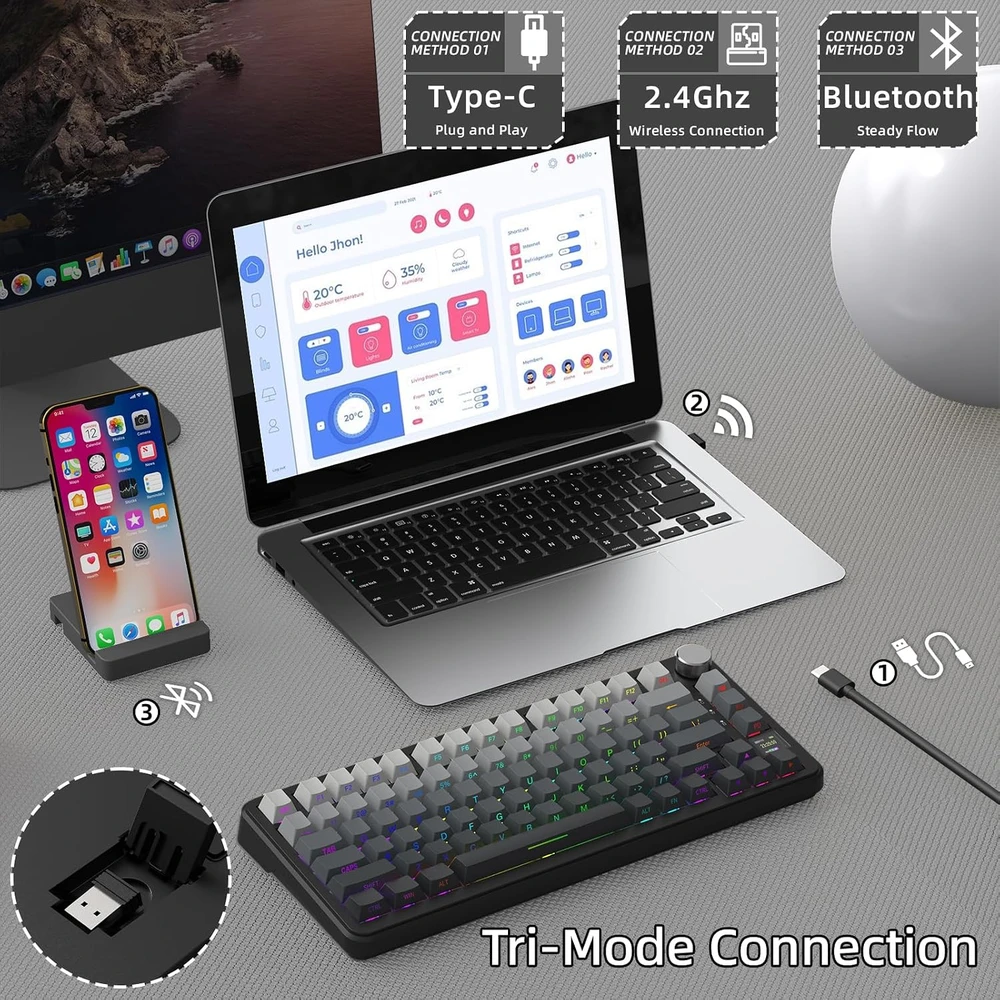 ATTACK SHARK mechaninė belaidė klaviatūra 75 % su TFT ekranu, RGB ir QMK X85PRO