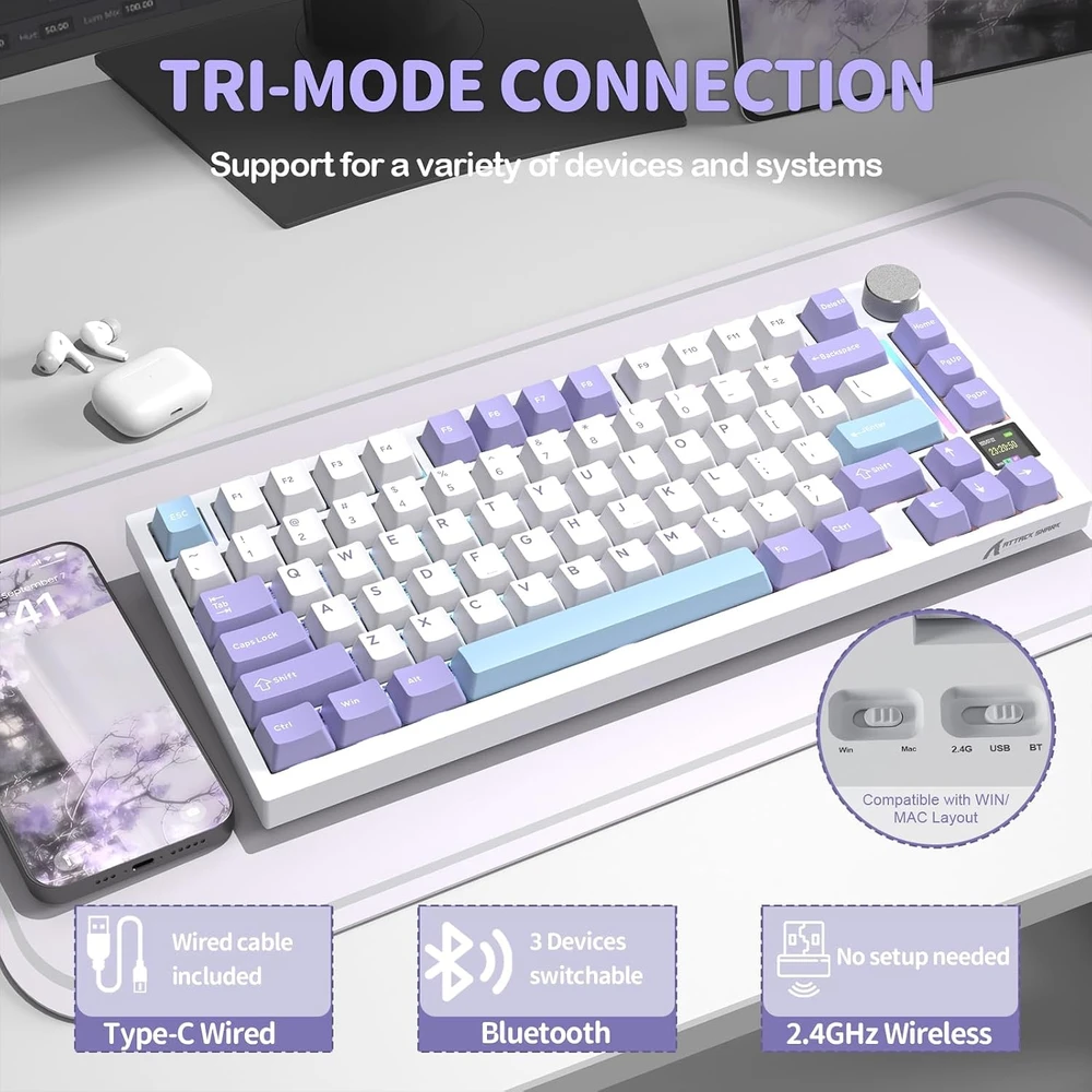 ATTACK SHARK mechaninė belaidė klaviatūra X820Ultra, 75 %, RGB, Bluetooth, 2,4 GHz, USB-C