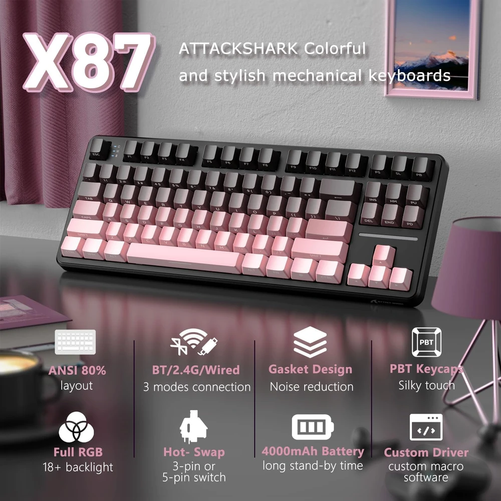 ATTACK SHARK mechaninė žaidimų klaviatūra X87, belaidė, 80 %, RGB, 4000 mAh